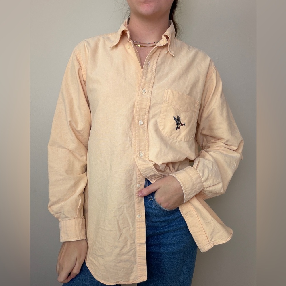 Vintage peach long sleeve button up embroidered pheasant bird size L/XL